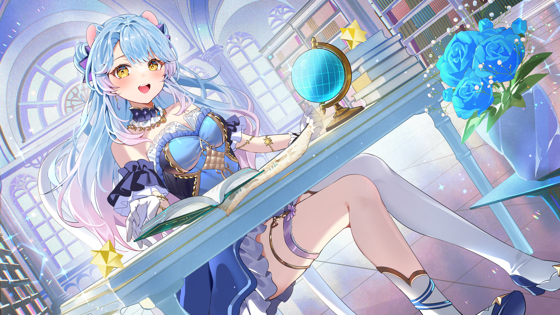 azna, indie virtual youtuber, commission, highres, skeb commission, 1girl, airena (vtuber), asymmetrical legwear, bare shoulders, bear girl, black collar, blue dress, blue flower, blue hair, blue rose, book, bookshelf, collar, desk, detached collar, dress, earrings, flower, globe, gloves, gradient hair, jewelry, long hair, multicolored hair, open book, open mouth, pink hair, plant, rose, strapless, strapless dress, teeth, thighhighs, upper teeth only, virtual youtuber, white gloves, white thighhighs, yellow eyes