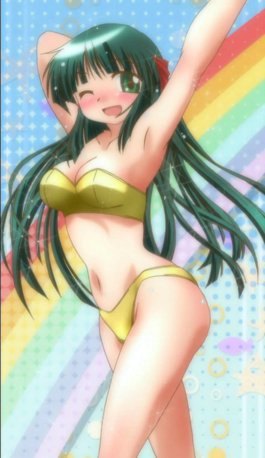 yoshinoya (hidamari sketch), hidamari sketch, anime screenshot, highres, stitched, third-party edit, 00s, armpits, bikini, green eyes, green hair, long hair, one eye closed, solo, swimsuit, wink, yellow bikini