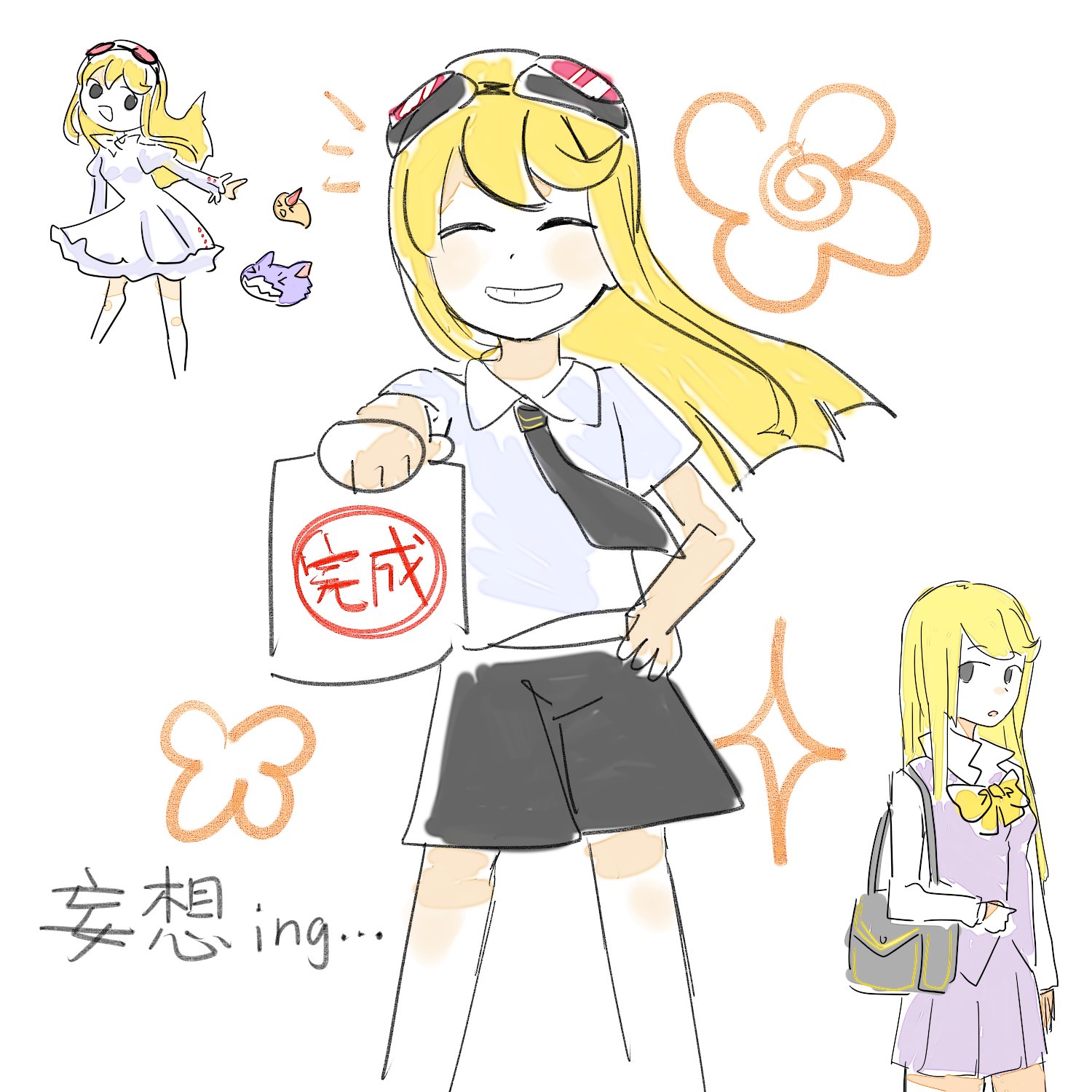 barobakuoikawa, kuremi kyouko, digimon, digimon story: cyber sleuth, highres, 1girl, aged down, blonde hair, digimon (creature), eyewear on head, long hair, looking at viewer, pink-tinted eyewear, shirt, shorts, simple background, smile, sunglasses, tinted eyewear, white background, white shirt