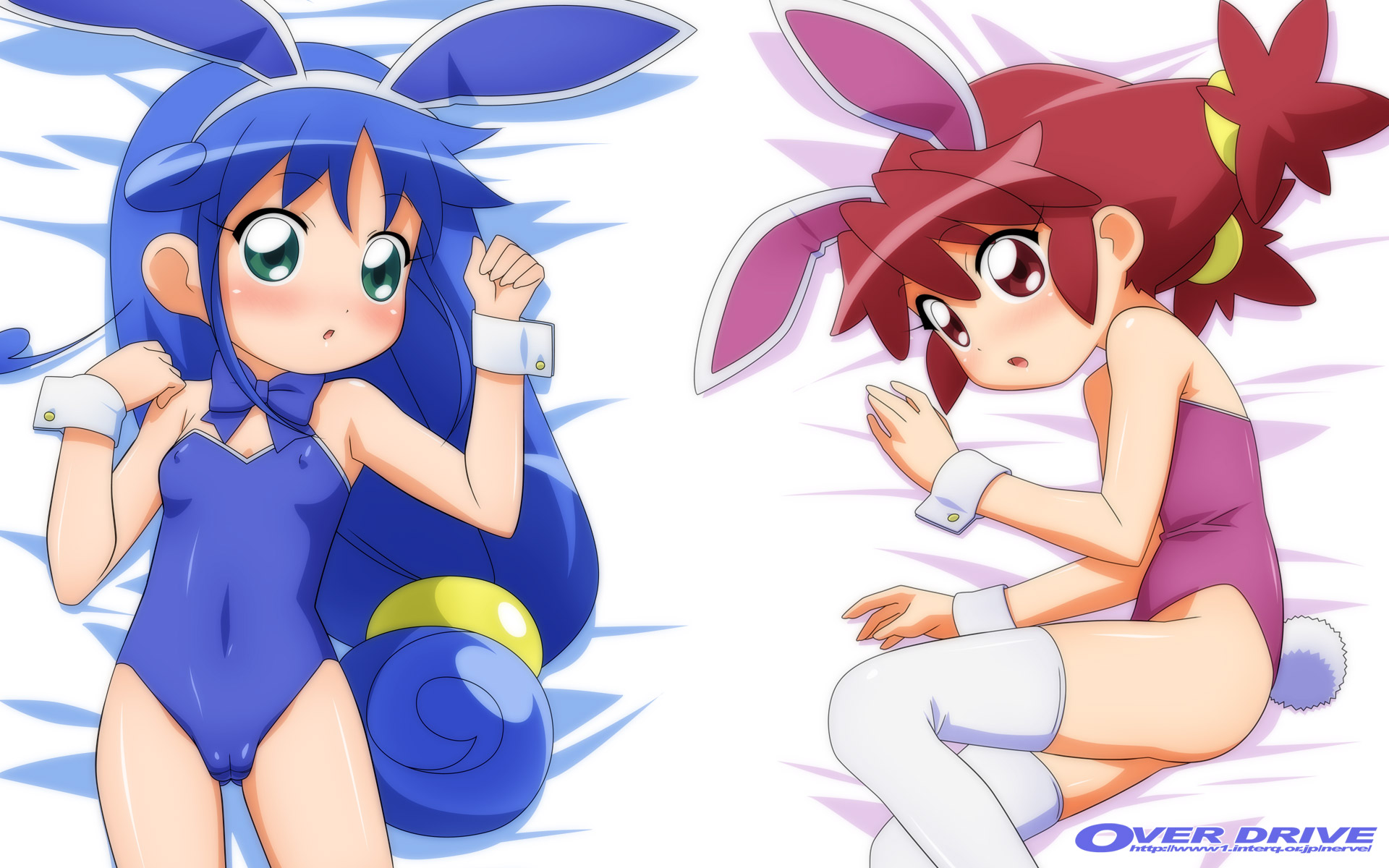 sugimura tomokazu, fine (futagohime), rein (futagohime), fushigiboshi no futago hime, highres, 00s, 2girls, animal ears, bare legs, breasts, cameltoe, covered erect nipples, fake animal ears, leotard, loli, long hair, low-tied long hair, multiple girls, playboy bunny, rabbit ears, small breasts, thighhighs
