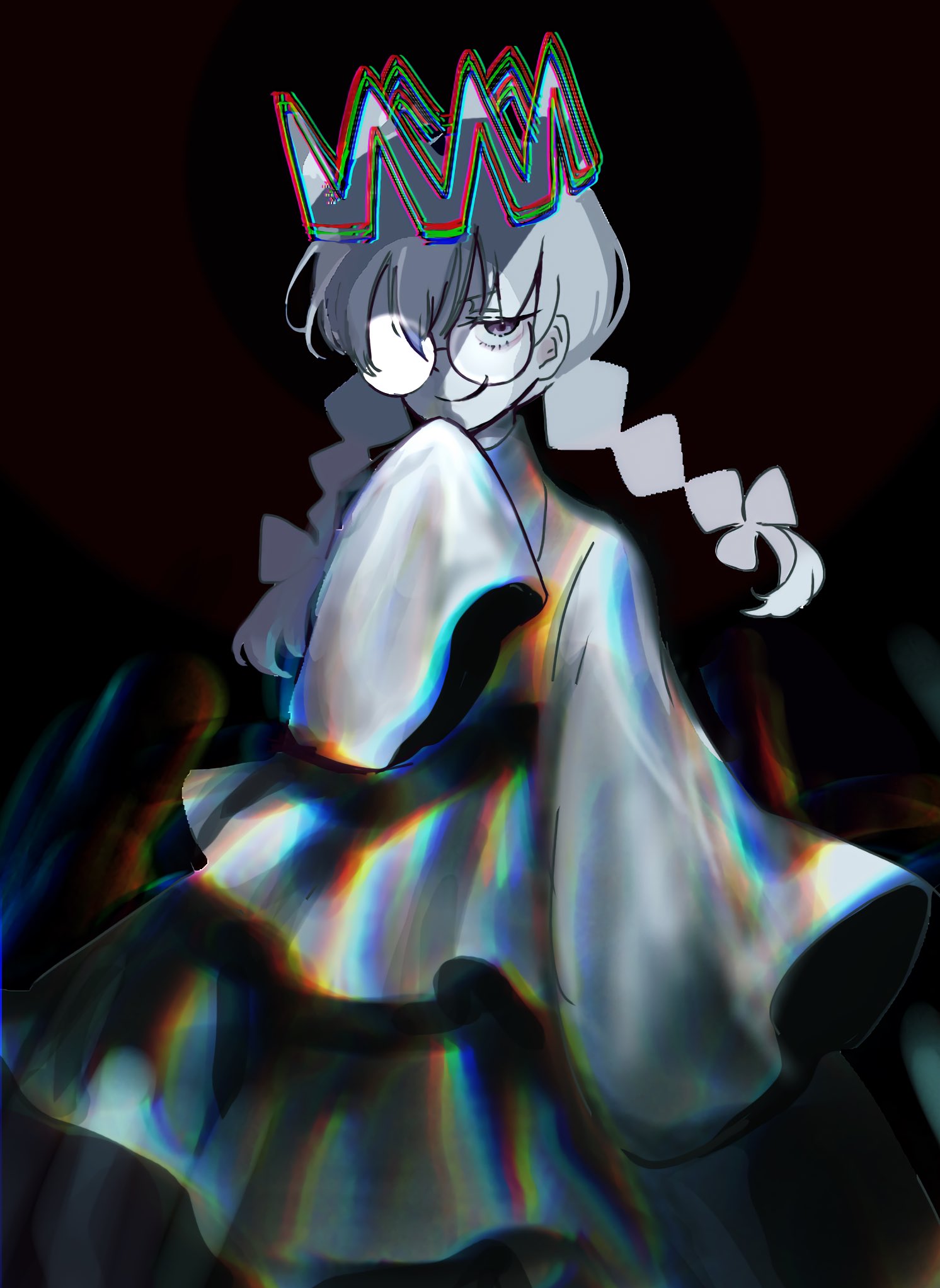 ripple star queen, kirby (series), kirby 64, nintendo, highres, 1girl, black background, braid, crown, glasses, greyscale, long hair, looking at viewer, low twin braids, monochrome, simple background, skirt, sleeves past fingers, sleeves past wrists, smile, twin braids, yk n 03