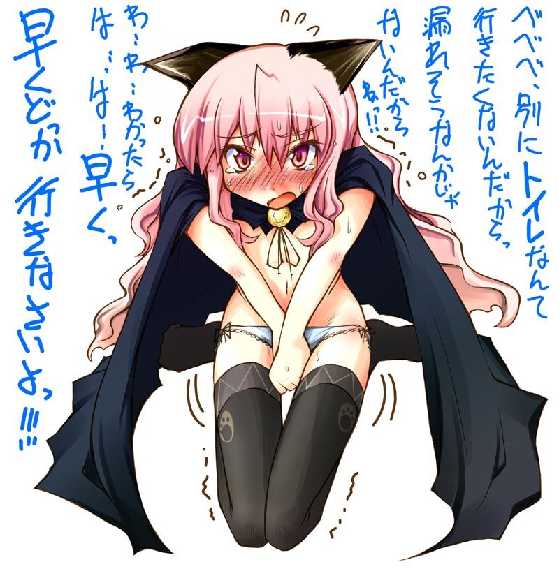 louise francoise le blanc de la valliere, zero no tsukaima, artist request, translation request, 00s, 1girl, animal ears, blush, cape, cat ears, embarrassed, female focus, have to pee, panties, pentacle, solo, tears, thigh gap, thighhighs, underwear, white background