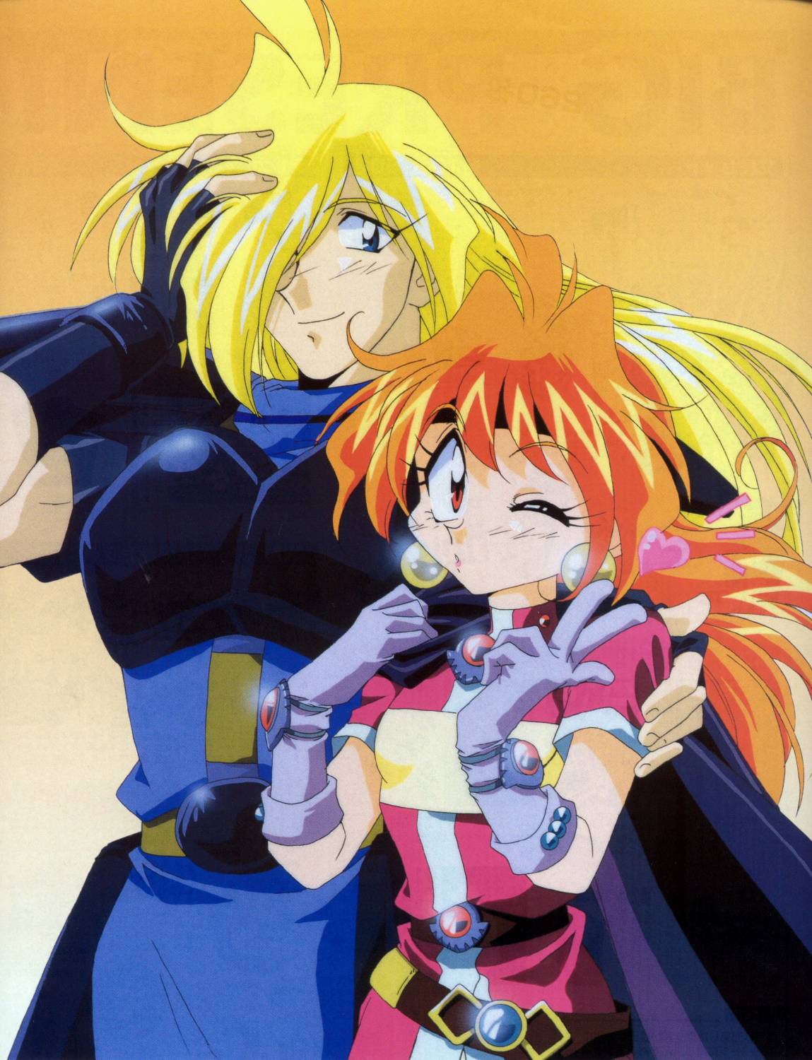 araizumi rui, gourry gabriev, lina inverse, slayers, highres, non-web source, 1990s (style), 1boy, 1girl, armor, blonde hair, blowing kiss, blue eyes, heart, height difference, long hair, looking at viewer, one eye closed, orange background, orange hair, red eyes, retro artstyle, smile, v, wink