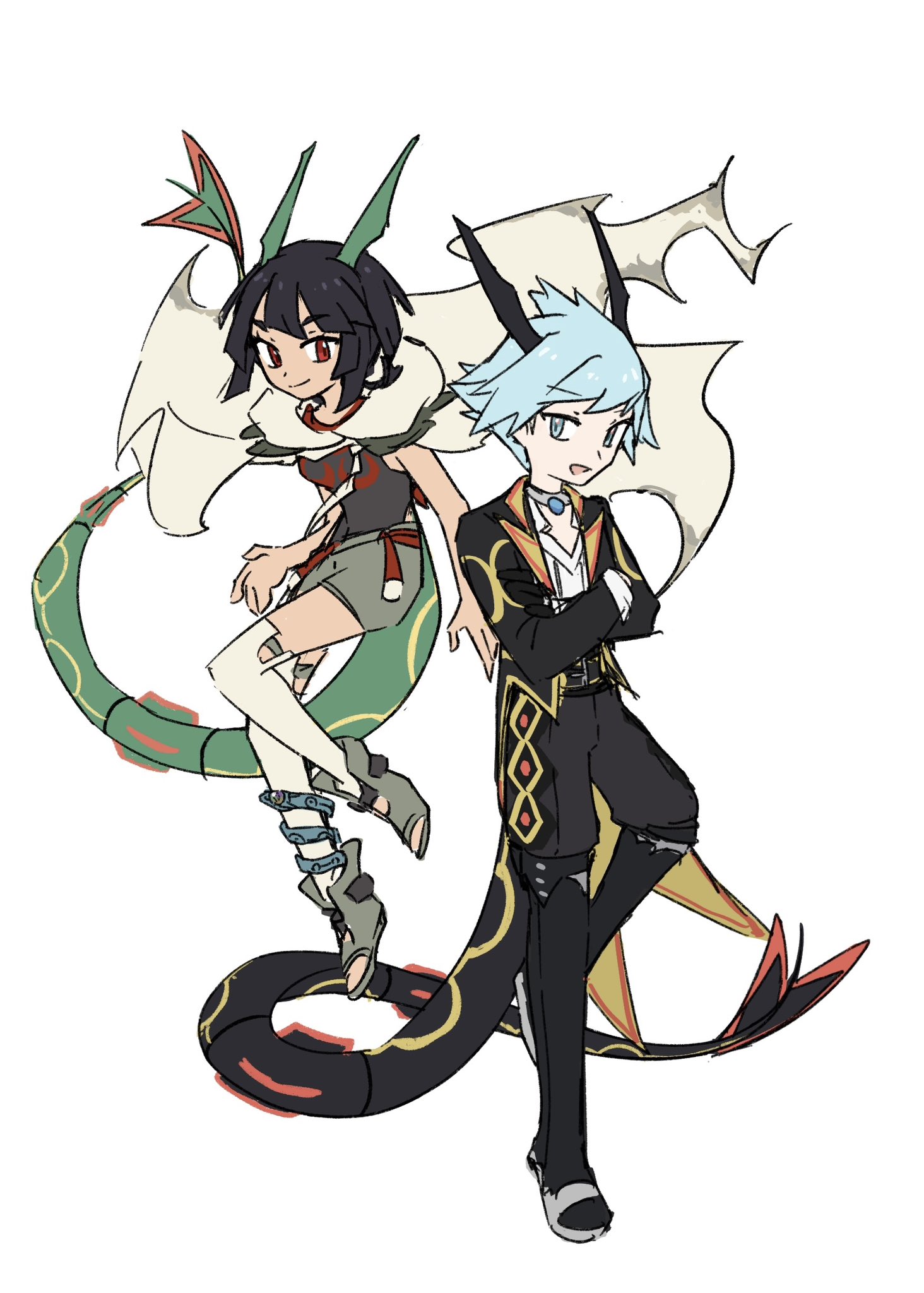 xlii idk, rayquaza, steven stone, steven stone (anniversary 2021), zinnia (pokemon), nintendo, pokemon, pokemon masters ex, pokemon oras, highres, 1boy, 1girl, :d, black boots, black jacket, boots, cape, closed mouth, floating cape, gen 3 pokemon, gloves, jacket, legendary pokemon, official alternate costume, open-toe shoes, open mouth, pants, pokemon tail, red eyes, shirt, short hair, shorts, simple background, smile, tail, tailcoat, thighhighs, white background, white gloves