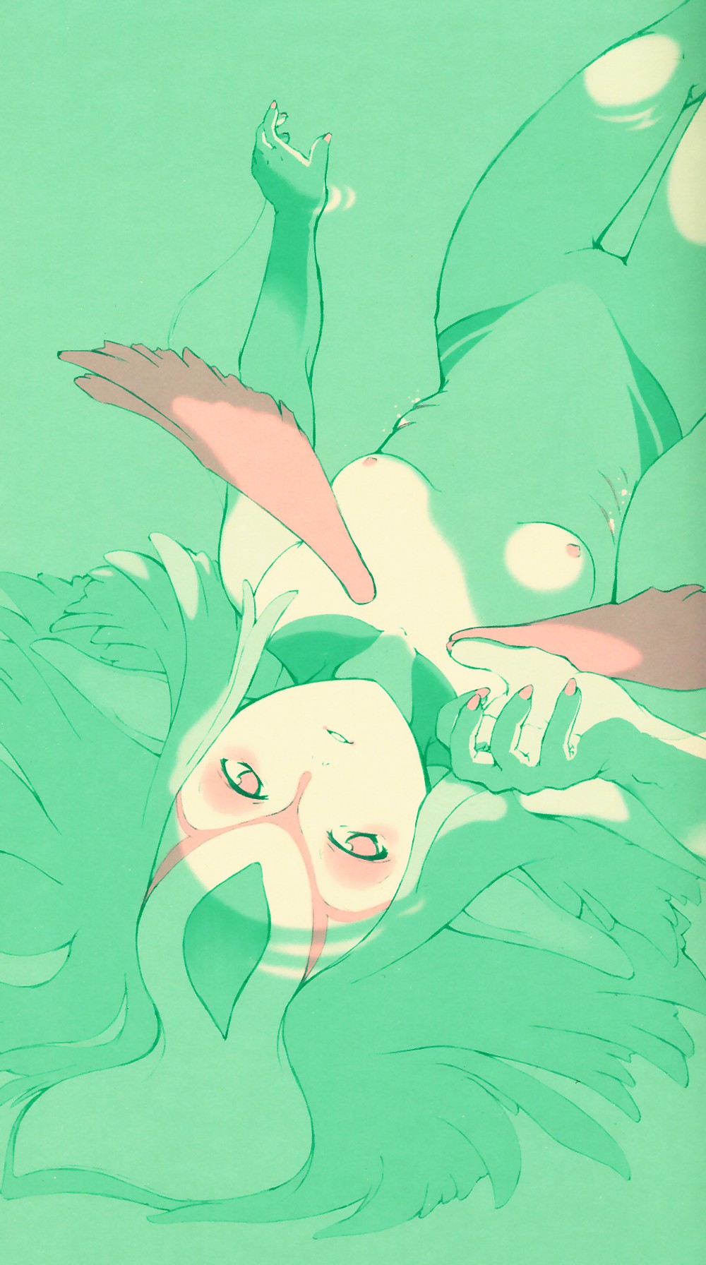 mutio, ao no roku-gou, highres, 1girl, breasts, colored skin, female focus, from above, gills, green theme, monster girl, multicolored skin, nipples, nude, pointy ears, short hair, small breasts, solo, water