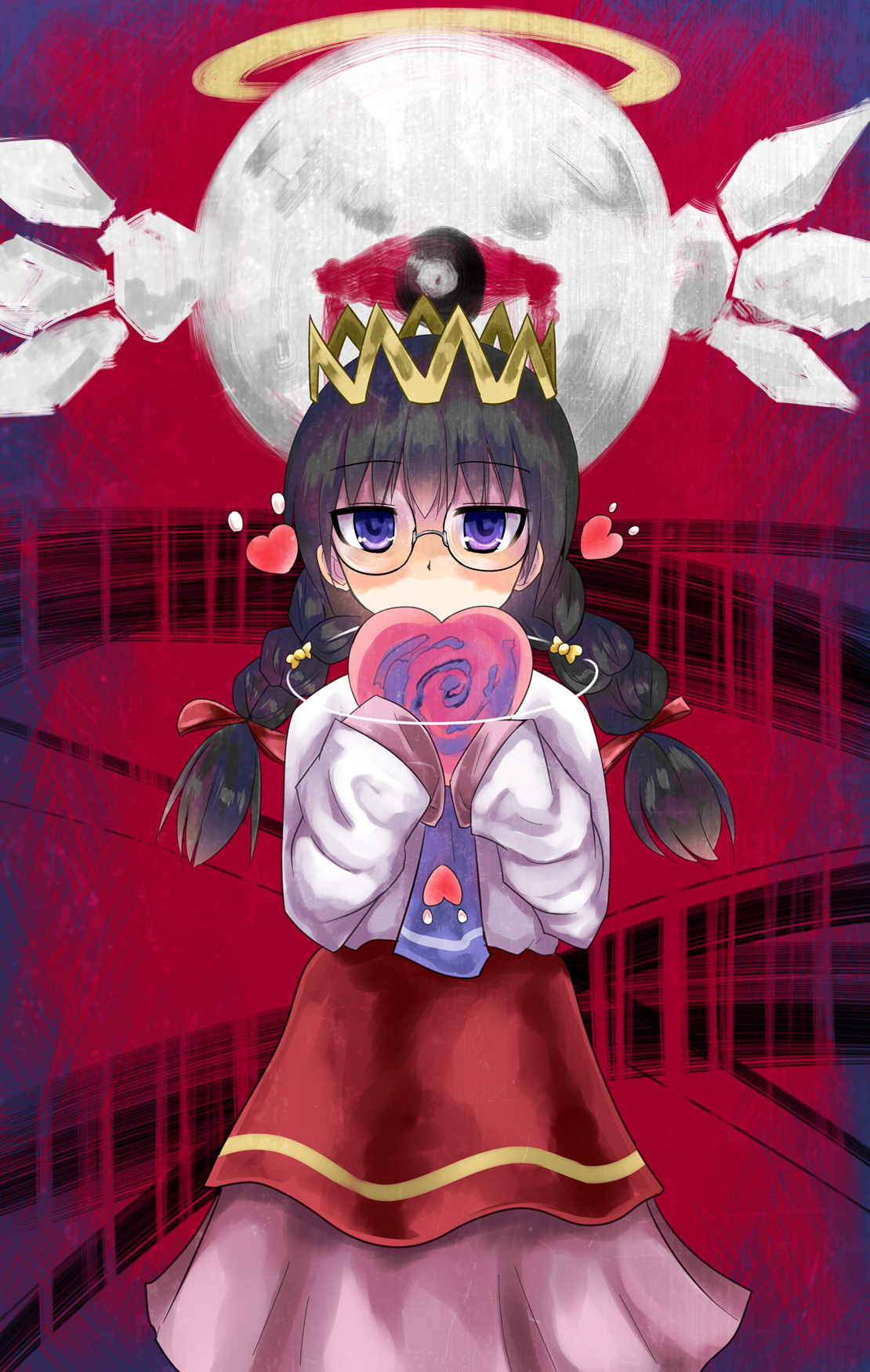 izuminomitsuba, ripple star queen, zero two (kirby), kirby (series), kirby 64, nintendo, highres, 1girl, black hair, braid, crown, glasses, halo, heart, long hair, low twin braids, one-eyed, pink skirt, purple eyes, red eyes, skirt, sleeves past fingers, sleeves past wrists, twin braids