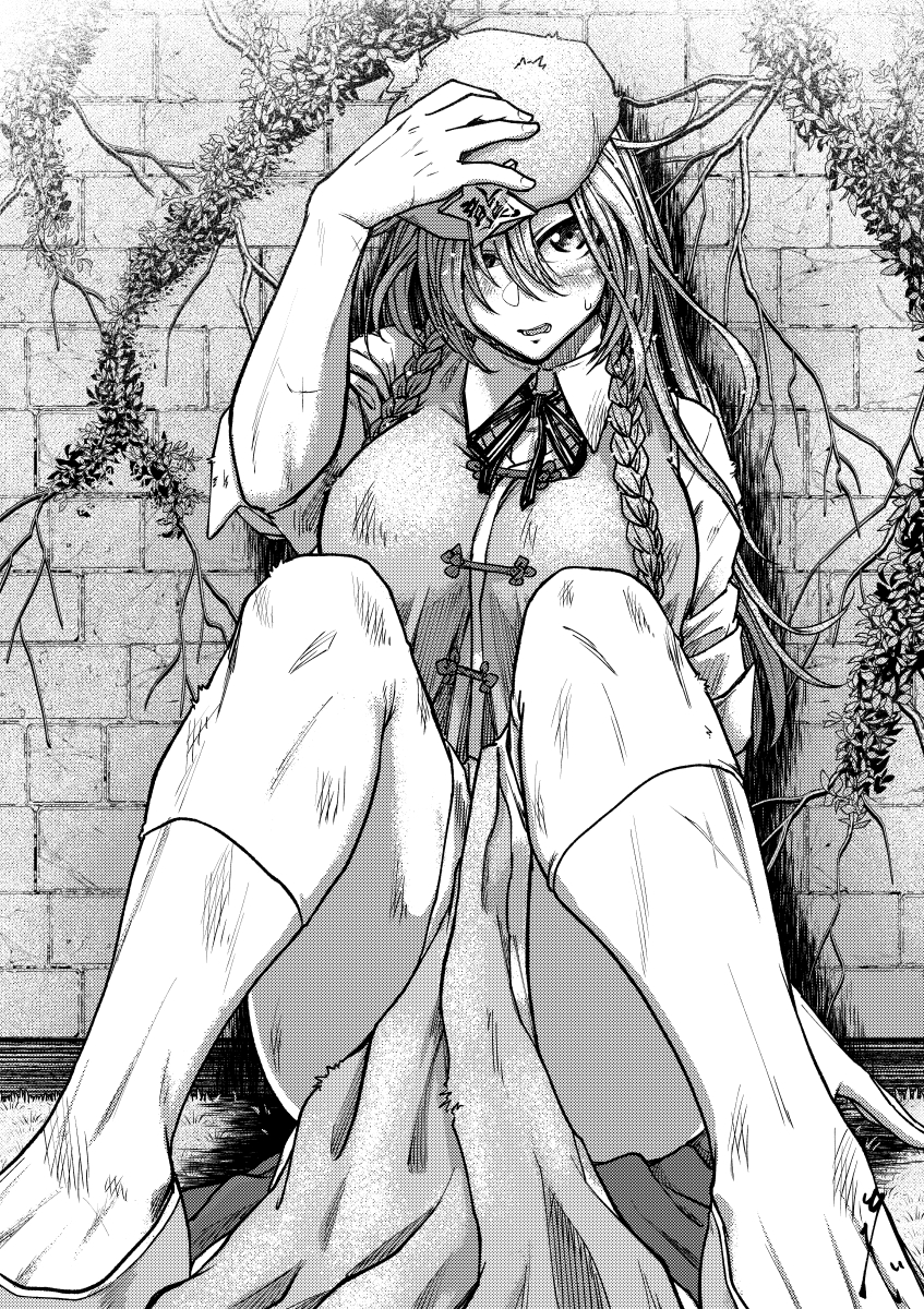 koyubi (littlefinger1988), hong meiling, touhou, highres, 1girl, beret, blush, braid, brick wall, china dress, chinese clothes, collared shirt, dress, greyscale, hair over one eye, hand on own hat, hat, hat ornament, long hair, monochrome, neck ribbon, on wall, pants, plant, ribbon, scar, shirt, shoes, sitting, sleeves rolled up, solo, star (symbol), star hat ornament, twin braids, vines
