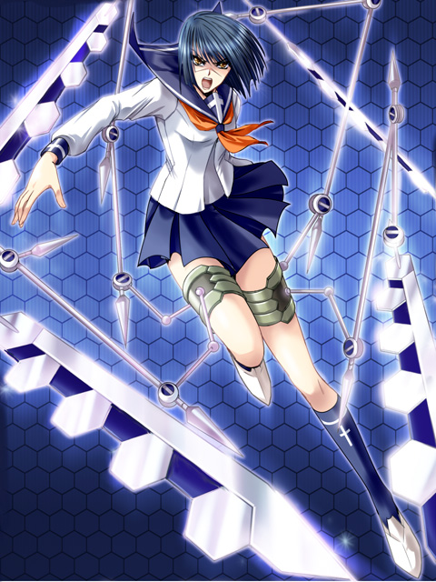ywaka, tsumura tokiko, busou renkin, bad id, bad pixiv id, 00s, 1girl, angry, blue sailor collar, bob cut, female focus, sailor collar, scar, scar on face, scar on nose, school uniform, serafuku, solo, valkyrie skirt, yellow eyes