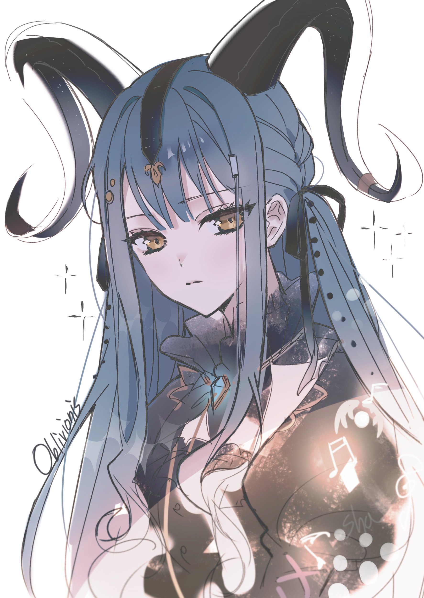 togawa sakiko, arknights, bang dream!, bang dream! it's mygo!!!!!, absurdres, hashtag-only commentary, highres, 1girl, black horns, black ribbon, blue hair, character name, closed mouth, curled horns, detached collar, hair ribbon, horns, long hair, looking at viewer, meishamu, official alternate costume, ribbon, sidelocks, solo, togawa sakiko (master of melodia), upper body, white background, yellow eyes