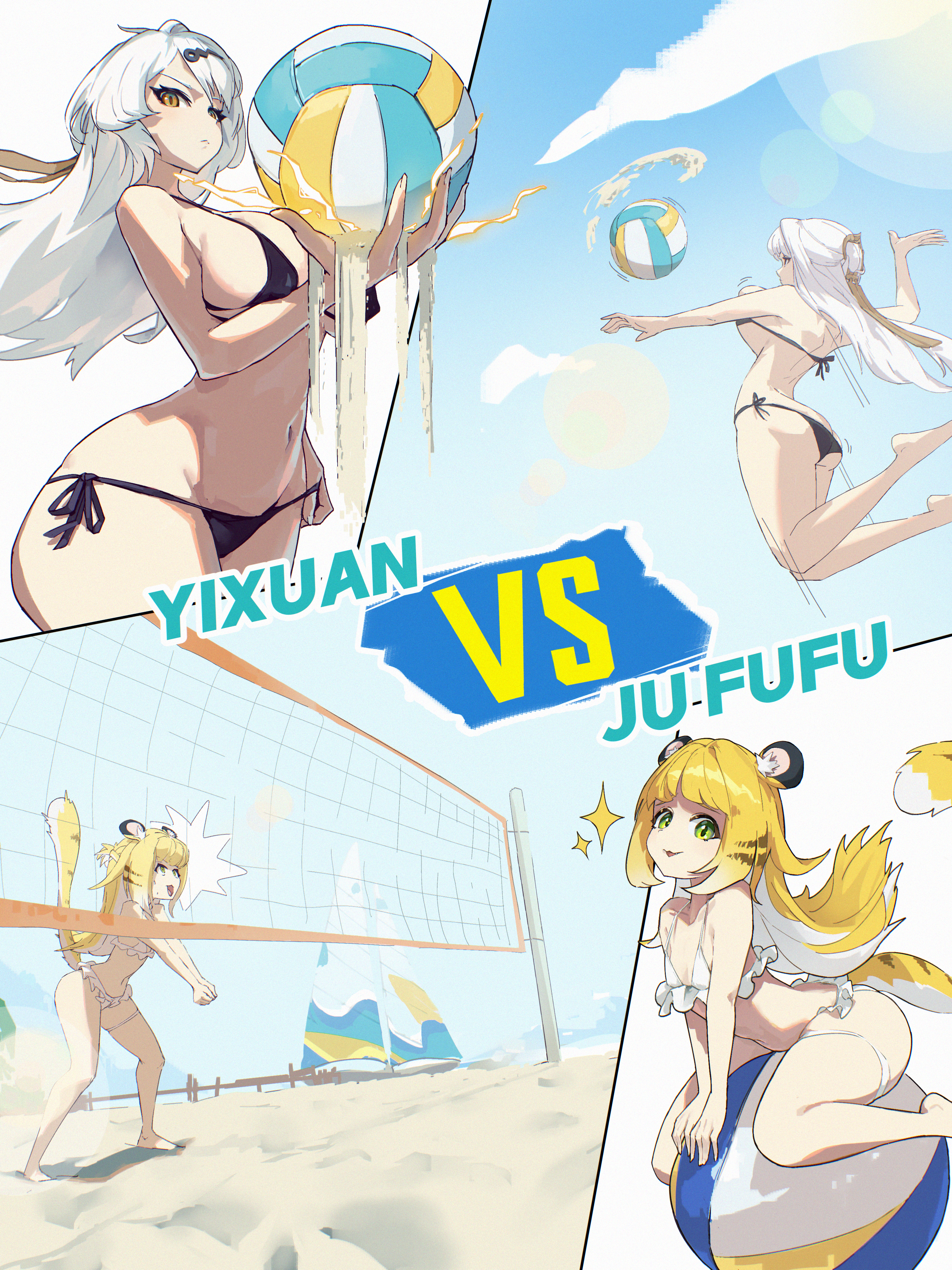 rimeye, ju fufu, yixuan (zenless zone zero), zenless zone zero, absurdres, highres, 2girls, animal ears, ball, barefoot, beach, bikini, black bikini, blonde hair, blue sky, breasts, cloud, frilled bikini, frills, green eyes, holding, holding ball, large breasts, multiple girls, navel, sand, sky, small breasts, swimsuit, tail, tiger ears, tiger girl, tiger stripes, tiger tail, volleyball, volleyball net, white bikini, white hair, yellow eyes