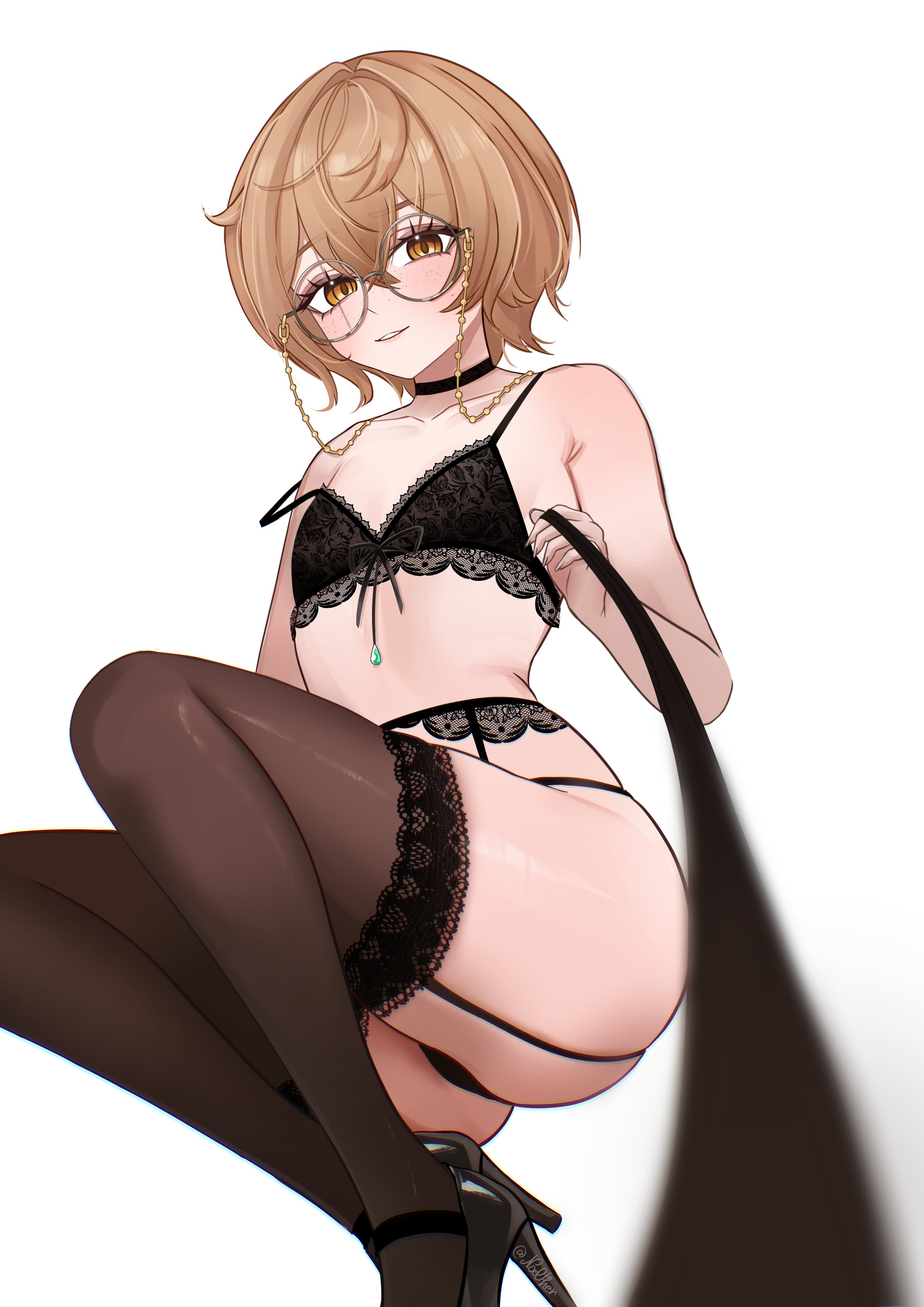 noelther (artist), clio aite, phase connect, absurdres, commentary, highres, 1girl, black bra, black garter belt, black panties, black shoes, black thighhighs, blurry, blurry foreground, bra, brown eyes, brown hair, choker, crossed bangs, eyewear strap, flat chest, freckles, garter belt, glasses, hair between eyes, high heels, holding, holding leash, lace, lace-trimmed bra, lace-trimmed thighhighs, lace trim, leash, legs, light smile, looking at viewer, panties, parted lips, pov, round eyewear, scar, scar across eye, scar on face, shoes, short hair, simple background, skindentation, solo, strap slip, thighhighs, thighs, twitter username, underwear, underwear only, viewer on leash, virtual youtuber, white background