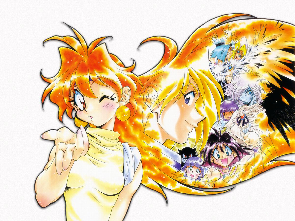 araizumi rui, amelia wil tesla seyruun, filia ul copt, gourry gabriev, lina inverse, sylphiel nels lahda, valgarv, xelloss, zelgadiss graywords, slayers, slayers try, non-web source, 1990s (style), 4boys, 4girls, ;), bare shoulders, blonde hair, blowing kiss, blue hair, blush, earrings, jewelry, long hair, looking at viewer, multiple boys, multiple girls, one eye closed, open mouth, orange hair, profile, retro artstyle, simple background, smile, sweater vest, turtleneck, upper body, very long hair, white background, wink, yellow eyes