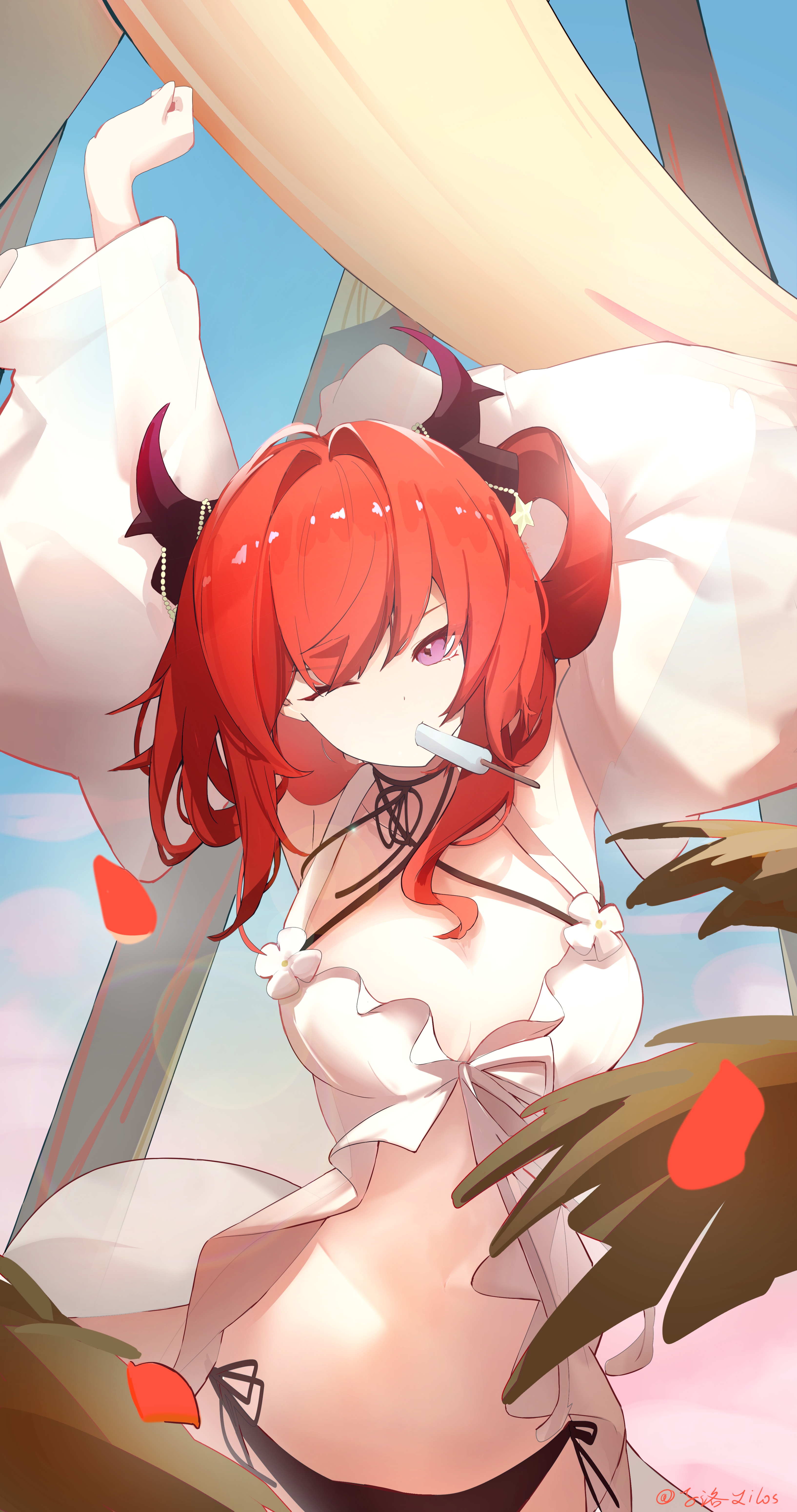 surtr (arknights), surtr (colorful wonderland) (arknights), arknights, absurdres, chinese commentary, commentary request, highres, 1girl, bikini, black bikini, black horns, breasts, cowboy shot, detached sleeves, flower, food, food in mouth, gradient horns, horns, leaf, long sleeves, medium breasts, medium hair, mouth hold, multicolored horns, navel, official alternate costume, one eye closed, popsicle, popsicle in mouth, purple eyes, purple horns, red hair, see-through clothes, see-through sleeves, side-tie bikini bottom, solo, standing, stretching, swimsuit, swimsuit cover-up, white flower, white sleeves, zi luo (zilos)