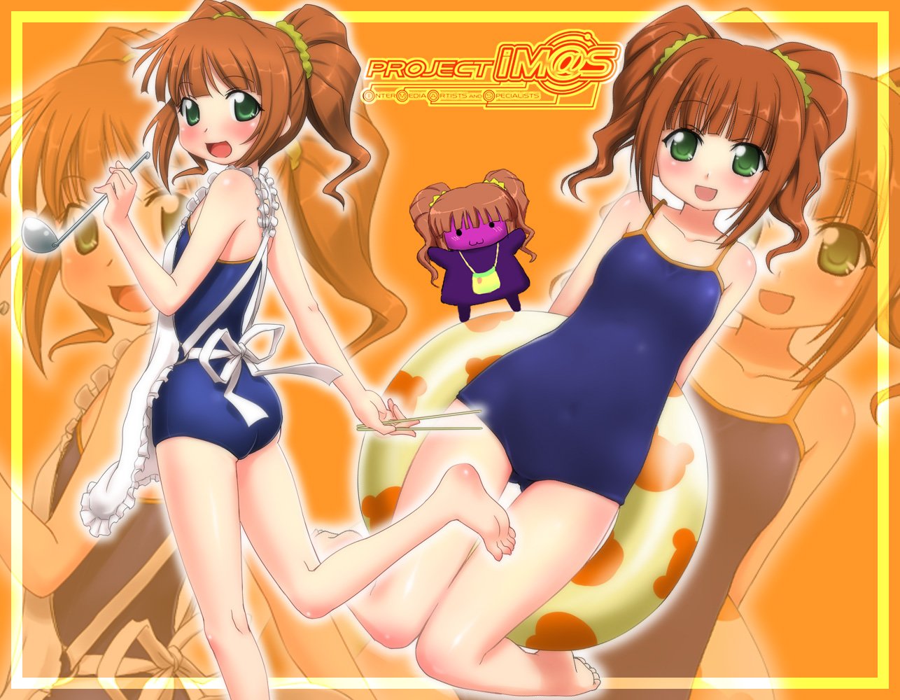 zanzi, takatsuki yayoi, yayoi creature, idolmaster, idolmaster (classic), idolmaster 1, jpeg artifacts, 00s, 1girl, apron, barefoot, chopsticks, competition school swimsuit, feet, ladle, one-piece swimsuit, school swimsuit, swimsuit, twintails