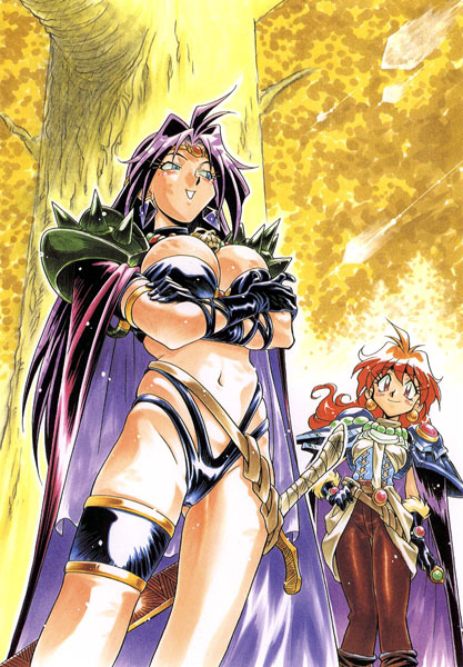 araizumi rui, lina inverse, naga the serpent, slayers, non-web source, 1990s (style), 2girls, armlet, armor, belt, bikini, blue eyes, blush, breasts, cape, circlet, cleavage, crossed arms, earrings, gloves, hand on own hip, hip focus, jewelry, large breasts, long hair, multiple girls, orange hair, outdoors, purple hair, red eyes, retro artstyle, sheath, smile, spandex, swimsuit, sword, thigh strap, tree, weapon