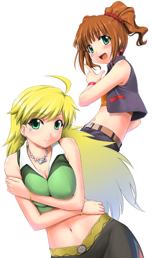zanzi, hoshii miki, takatsuki yayoi, idolmaster, idolmaster (classic), idolmaster 1, 00s, 2girls, :d, ahoge, blonde hair, breasts, cleavage, crossed arms, green eyes, green shirt, hairband, large breasts, long hair, looking at viewer, multiple girls, navel, open mouth, ponytail, shirt, simple background, smile, twintails, very long hair, white background