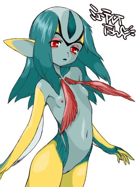 aoi kumiko, mutio, ao no roku-gou, 1girl, blue hair, blue skin, breasts, colored skin, cowboy shot, female focus, flat chest, loli, monster girl, multicolored skin, nipples, nude, pointy ears, red eyes, short hair, simple background, small breasts, solo, yellow skin