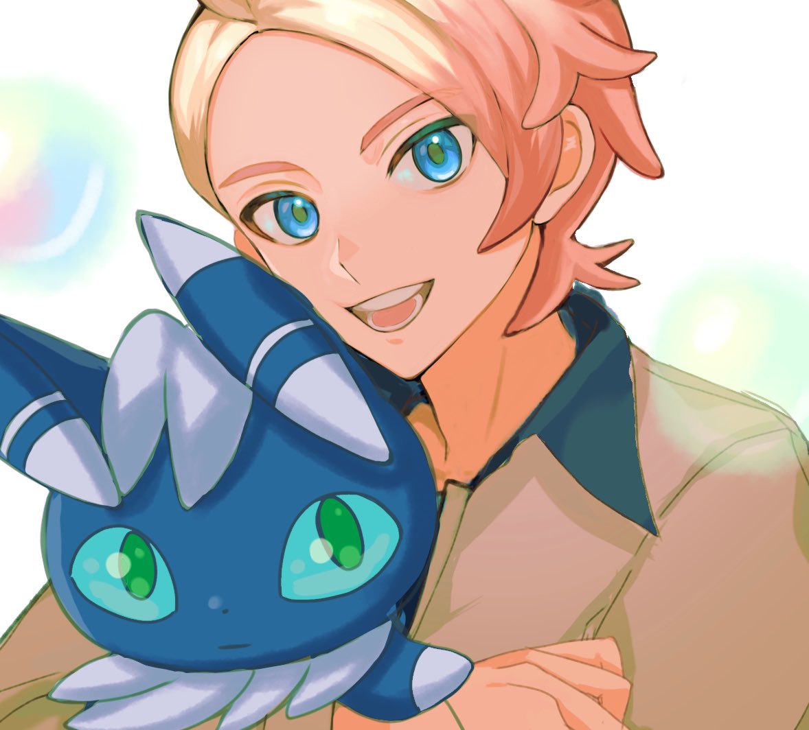 mofumofuyarou, meowstic, meowstic (male), urbain (pokemon), nintendo, pokemon, pokemon legends: z-a, 1boy, :d, blonde hair, blue eyes, brown jacket, gen 6 pokemon, hand up, happy, holding, holding pokemon, jacket, long sleeves, looking at viewer, male focus, open mouth, pokemon (creature), short hair, smile, teeth, tongue