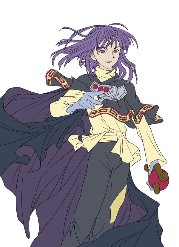 xelloss, slayers, slayers next, non-web source, 1990s (style), 1girl, cape, female focus, flat color, retro artstyle, solo, unusually open eyes