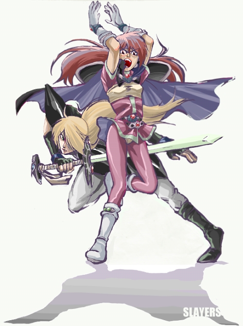 gourry gabriev, lina inverse, slayers, non-web source, 1boy, 1girl, boots, cape, knee boots, sword, weapon