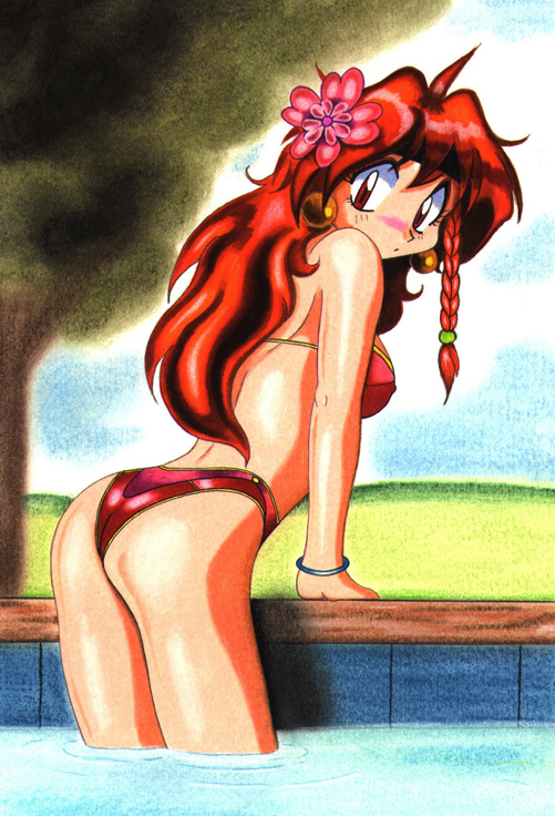 james bender, lina inverse, slayers, non-web source, 1girl, arm support, ass, bikini, bracelet, braid, breasts, covered erect nipples, day, earrings, expressionless, female focus, flower, from behind, from side, hair flower, hair ornament, jewelry, long hair, looking back, medium breasts, red bikini, red eyes, red hair, side braid, solo, swimsuit, wading, water