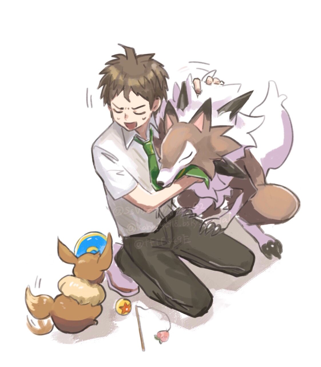 tftf649e, eevee, hinata hajime, lycanroc, lycanroc (midday), danganronpa (series), danganronpa 2: goodbye despair, nintendo, pokemon, commentary request, highres, 1boy, :d, afterimage, brown hair, cat teaser, closed eyes, collared shirt, gen 1 pokemon, gen 7 pokemon, green necktie, kneeling, male focus, motion lines, necktie, open mouth, pants, pokemon (creature), shirt, shoes, short hair, smile, tail, tail wagging, twitter username, watermark
