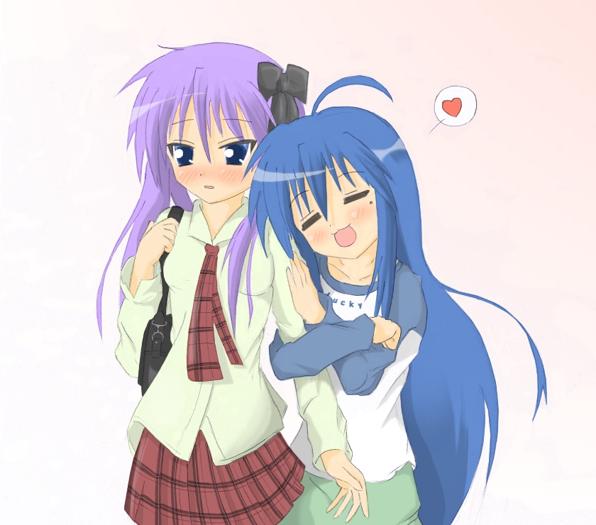 hiiragi kagami, izumi konata, lucky star, non-web source, 00s, 2girls, blush, closed eyes, mole, mole under eye, multiple girls, necktie, shirt, square-end necktie
