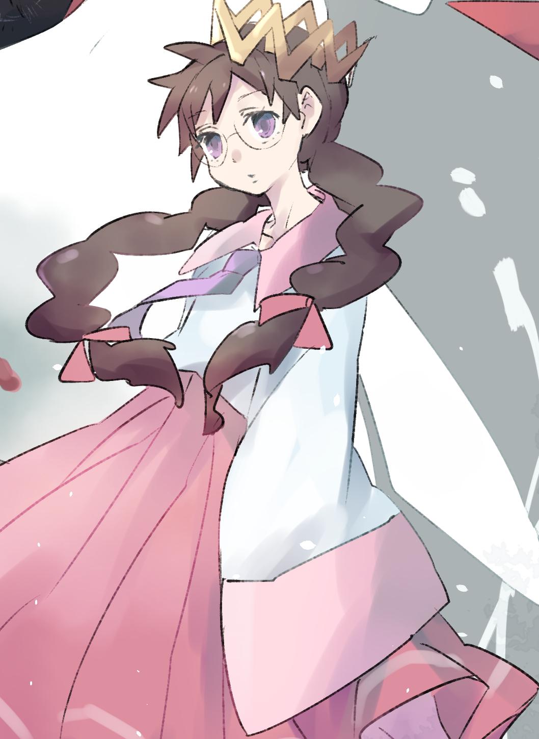 hamagurihime, ripple star queen, kirby (series), kirby 64, nintendo, highres, 1girl, black hair, braid, crown, fairy, fairy wings, glasses, hair ribbon, long hair, low twin braids, pink ribbon, purple eyes, ribbon, skirt, sleeves past fingers, sleeves past wrists, twin braids, wings