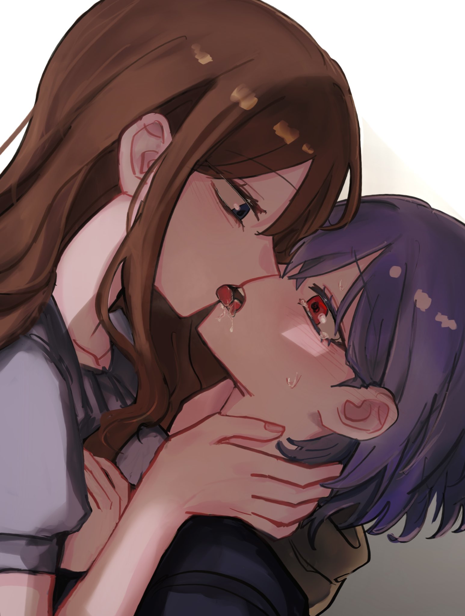 wkrhfhsk, nagasaki soyo, takamatsu tomori, bang dream!, bang dream! it's mygo!!!!!, commentary, highres, 2girls, blue eyes, brown hair, french kiss, kiss, long hair, multiple girls, purple hair, red eyes, saliva, shirt, short hair, sidelocks, tearing up, white shirt, yuri