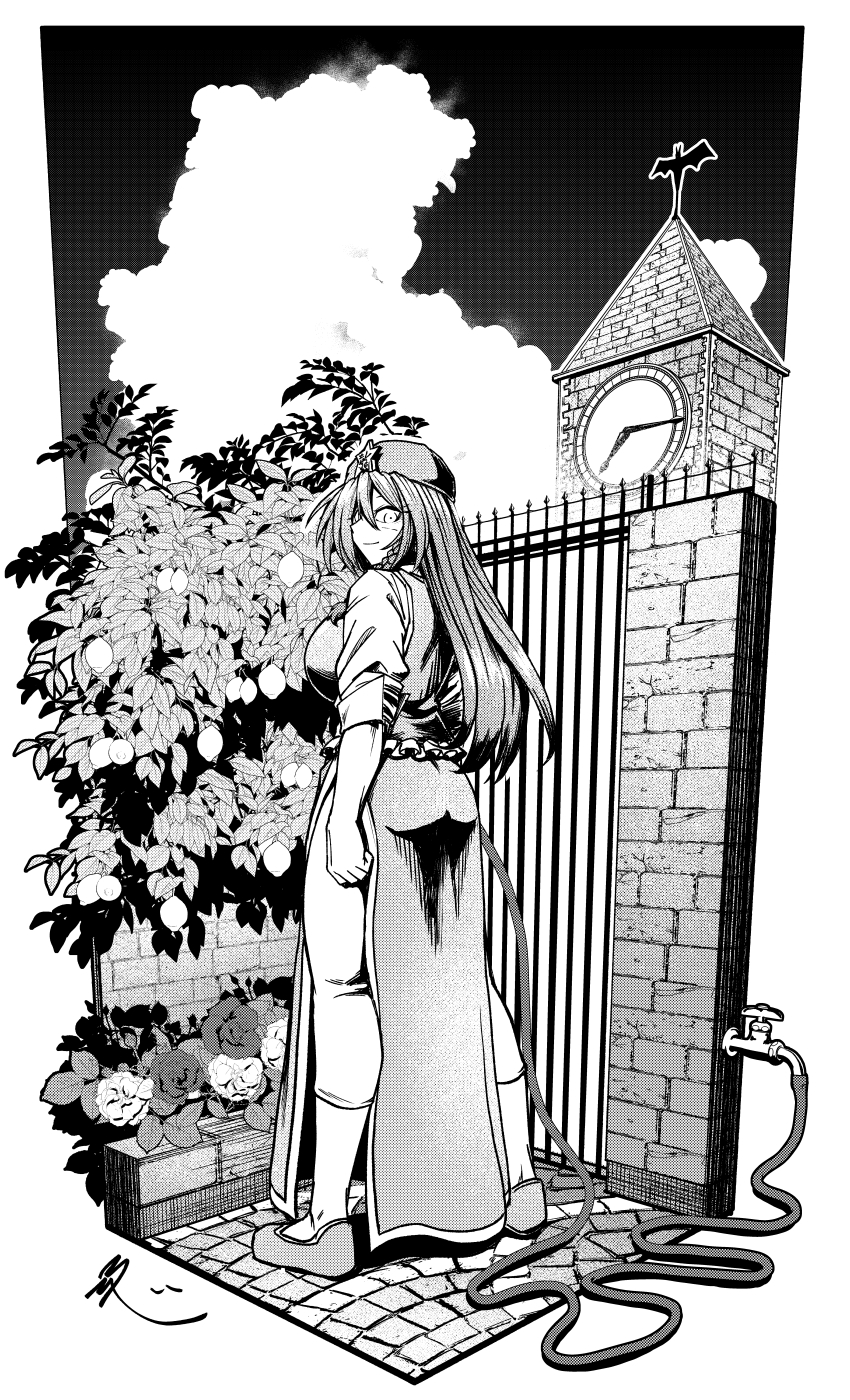 koyubi (littlefinger1988), hong meiling, touhou, highres, 1girl, bat ornament, beret, brick wall, china dress, chinese clothes, clock, clock tower, cloud, dress, faucet, flower, frilled vest, frills, fruit tree, garden, gate, greyscale, hat, hat ornament, holding, holding hose, hose, long hair, looking back, monochrome, no socks, pants, shoes, sleeves rolled up, solo, standing, star (symbol), star hat ornament, tower, tree, vest