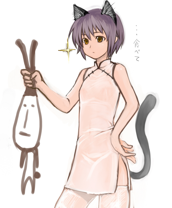 h (158cm), nagato yuki, suzumiya haruhi no yuuutsu, translated, 00s, 1girl, animal ears, bare shoulders, cat ears, cat tail, china dress, chinese clothes, dress, female focus, orange eyes, purple hair, short hair, solo, tail, thighhighs