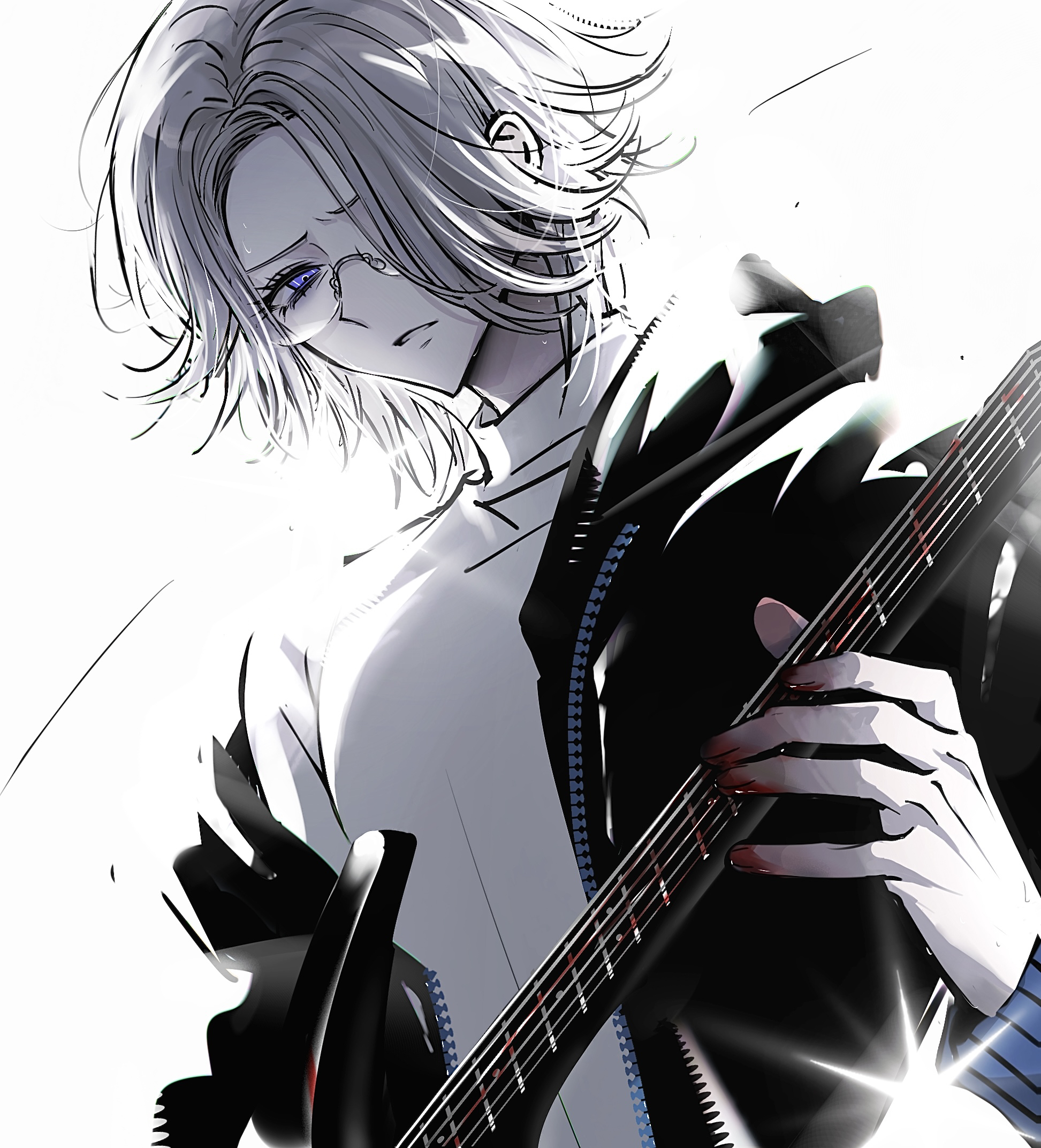 aotsuki eito, the hundred line -last defense academy-, tower records, chinese commentary, commentary request, highres, 1boy, black jacket, blood, blood on hands, glasses, grey hair, guitar, hair over one eye, holding, holding guitar, holding instrument, instrument, jacket, jacket partially removed, looking at viewer, male focus, music, official alternate costume, playing instrument, purple eyes, shirt, short hair, solo, squinting, upper body, wdhydbkyhl888, white background, white shirt
