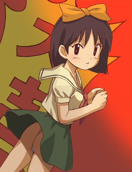 haruyama kazunori, kireida miyo, tottemo! luckyman, 1990s (style), 1girl, ass, black eyes, black hair, blush, bow, female focus, from behind, fundoshi, hair bow, japanese clothes, looking back, retro artstyle, school uniform, serafuku, short hair, skirt, solo, wind, wind lift