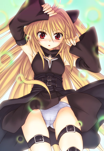 takumi namuchi, konjiki no yami, to love-ru, 00s, armpits, blonde hair, long hair, panties, red eyes, solo, striped clothes, striped panties, thigh strap, underwear, upskirt