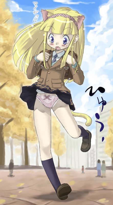 you2, original, animal ears, cat ears, panties, school uniform, serafuku, solo, underwear, wind, wind lift