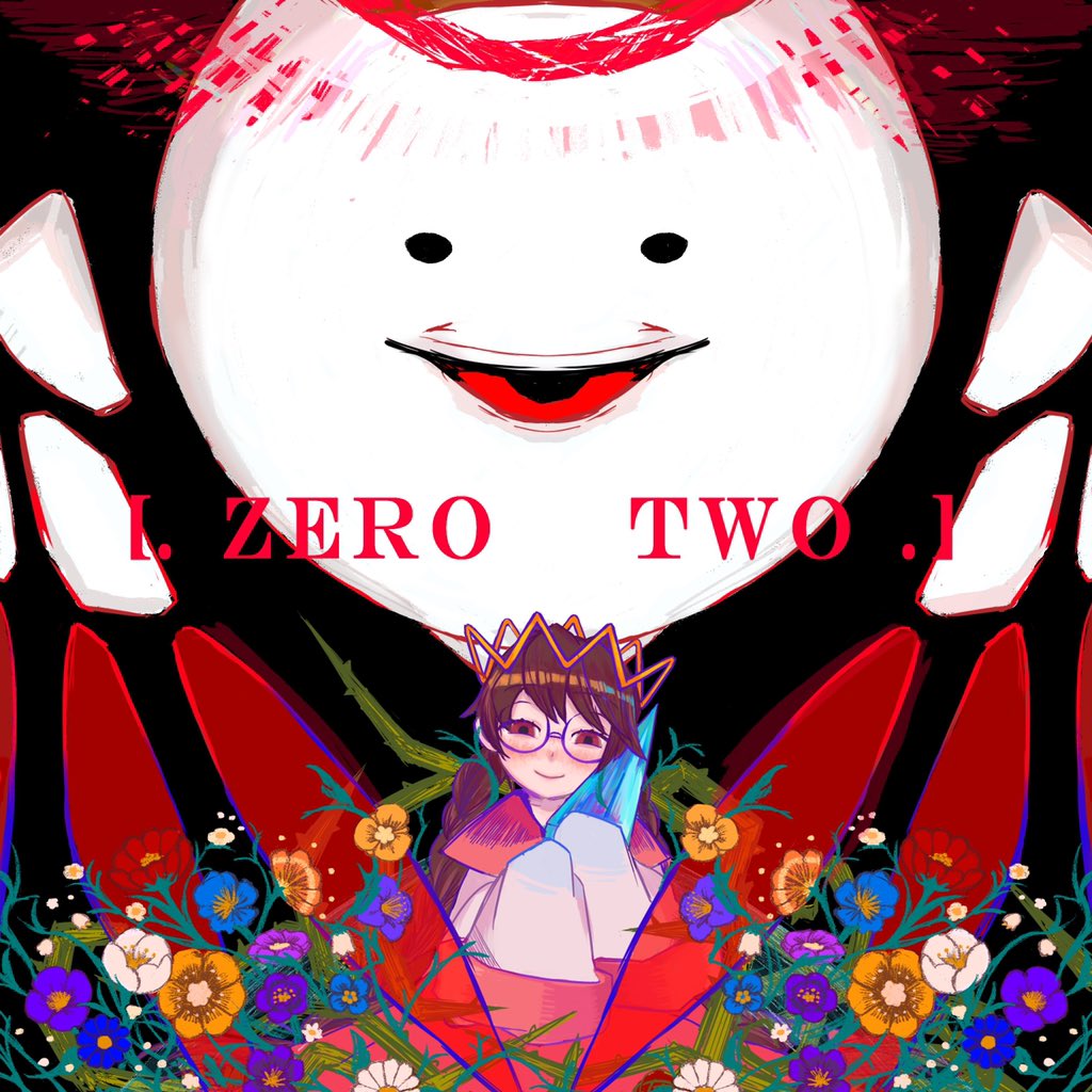ripple star queen, zero two (kirby), kirby (series), kirby 64, nintendo, 1girl, black hair, blue flower, braid, character name, crown, crystal, flower, glasses, light39744771, long hair, low twin braids, one-eyed, purple flower, red eyes, red flower, sleeves past fingers, sleeves past wrists, smile, twin braids, white flower