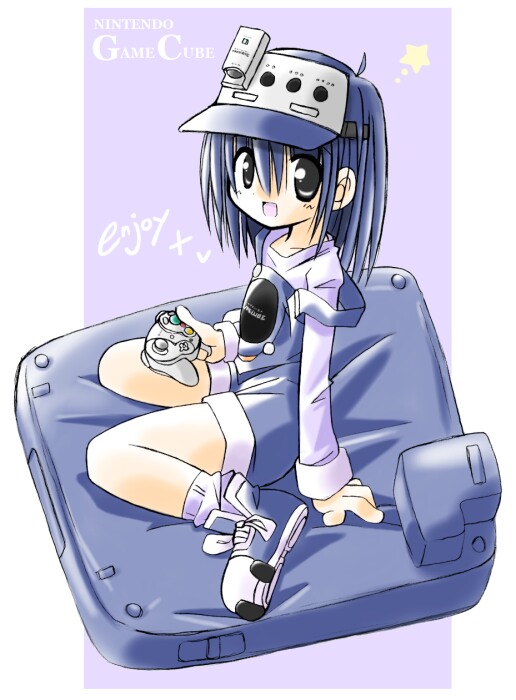rascal (feuille), gamecube-tan, nintendo, 1girl, blue hair, character name, controller, female focus, game console, game controller, gamecube, handheld game console, hat, overall shorts, overalls, pillow, playing games, sitting, solo, video game
