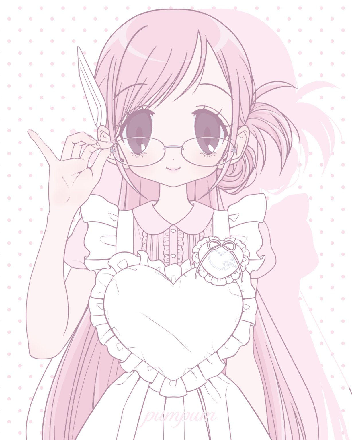original, highres, 1girl, adjusting eyewear, apron, brown eyes, closed mouth, collared dress, dot nose, dress, frilled apron, frills, glasses, heart apron, long hair, pastel colors, pink dress, pink hair, pink theme, polka dot, polka dot background, pumpum, smile, solo, upper body, very long hair, watermark, white apron