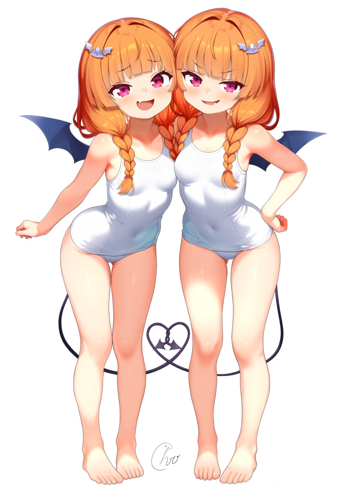 chrorhc, ashita (sound voltex), cawol (sound voltex), bemani, sound voltex, highres, 2girls, bare arms, bare shoulders, barefoot, braid, breasts, covered navel, demon girl, demon wings, feet, full body, long hair, looking at viewer, mesugaki, multiple girls, one-piece swimsuit, open mouth, orange hair, purple eyes, simple background, small breasts, standing, swimsuit, tail, thighs, twin braids, white background, white one-piece swimsuit, wings