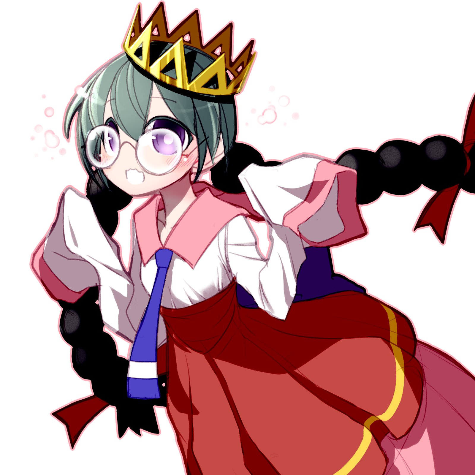 neck o, ripple star queen, kirby (series), kirby 64, nintendo, highres, 1girl, black hair, blush, bow, braid, crown, glasses, hair bow, long hair, low twin braids, purple eyes, red bow, simple background, skirt, sleeves past fingers, sleeves past wrists, twin braids, white background