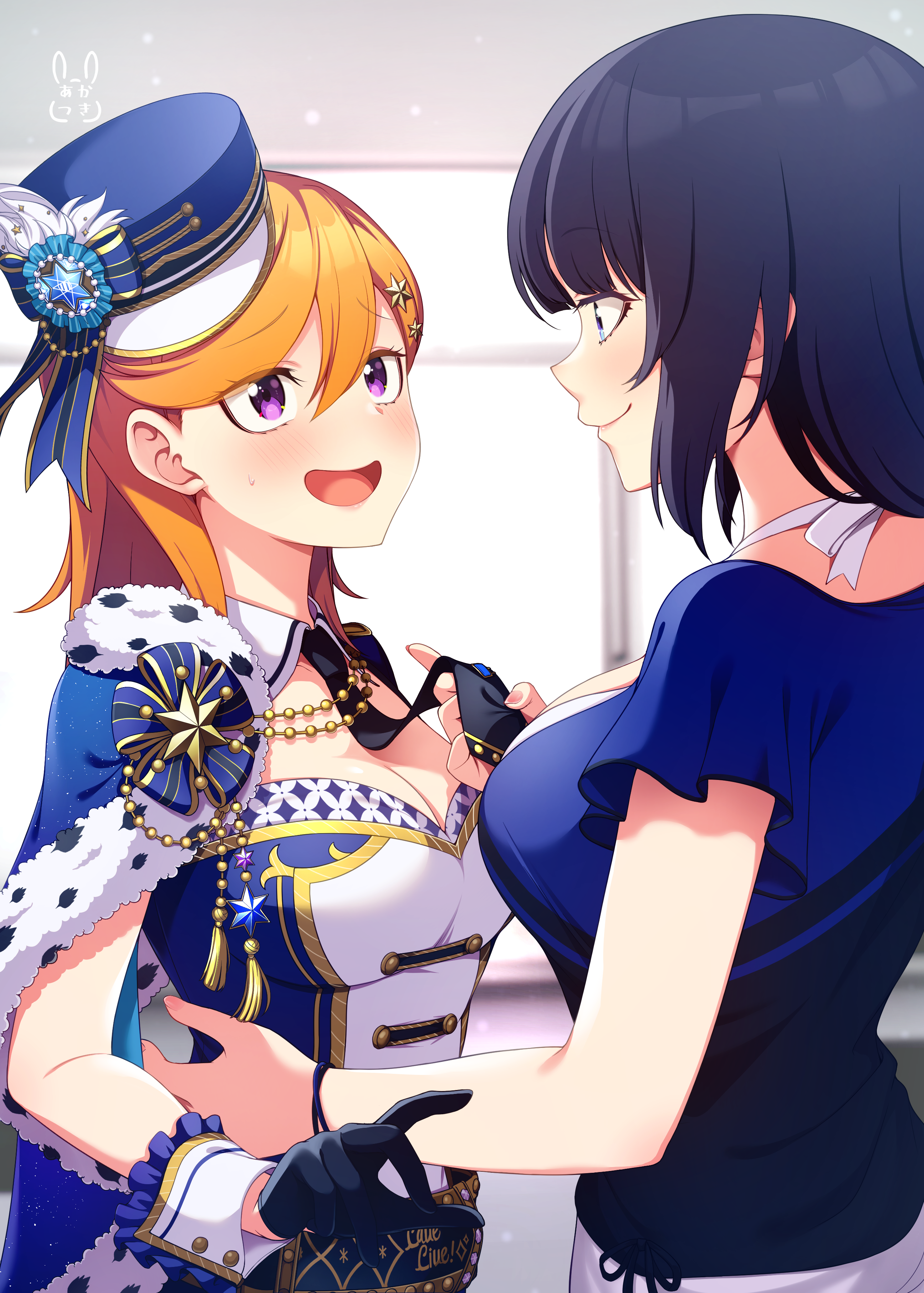 akatsuki rabbit, asaka karin, shibuya kanon, love live!, love live! nijigasaki high school idol club, love live! superstar!!, absurdres, commentary request, highres, 2girls, black gloves, black hair, black necktie, blue cape, blue hat, blue shirt, blush, breasts, cape, cleavage, closed mouth, collar, detached collar, double-parted bangs, eye contact, fingernails, frilled wrist cuffs, frills, gloves, hair between eyes, hair ornament, hat, hat ornament, kepi, large breasts, long bangs, looking at another, medium hair, military hat, multicolored shirt, multiple girls, necktie, open mouth, orange hair, purple eyes, raised inner eyebrows, shirt, short sleeves, smile, standing, star (symbol), star hair ornament, strapless, strapless shirt, sweatdrop, two-tone shirt, upper body, white collar, white wrist cuffs, wing collar, wrist cuffs, yuri