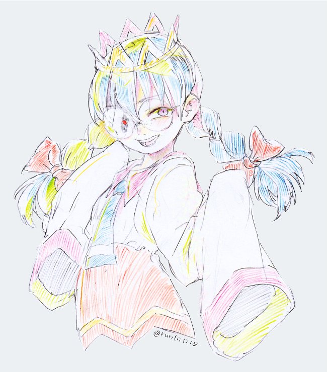 runta, ripple star queen, kirby (series), kirby 64, nintendo, 1girl, artist name, black hair, bow, braid, crown, freckles, glasses, grey background, hair bow, heterochromia, long hair, looking at viewer, low twin braids, purple eyes, red bow, red eyes, simple background, sleeves past fingers, sleeves past wrists, smile, twin braids