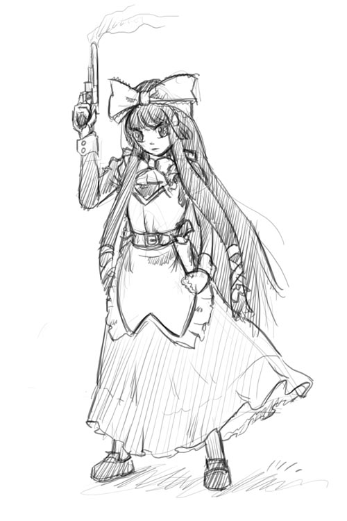 divine (scfworks), kokoro, kokoro (kokoro toshokan), kokoro toshokan, 00s, 1girl, female focus, greyscale, gun, monochrome, sketch, solo, weapon
