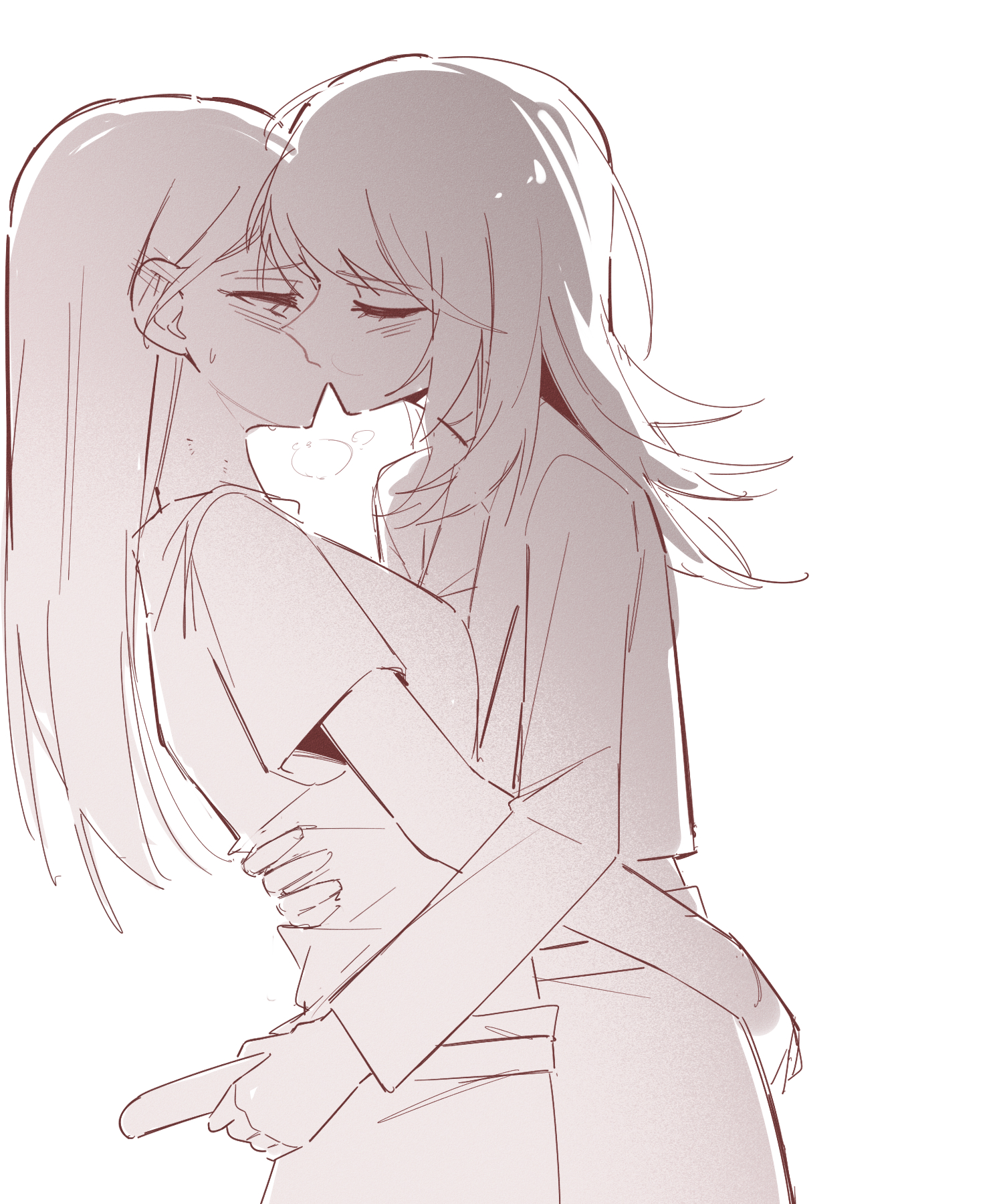 zikiki1092, shiina taki, yahata umiri, bang dream!, bang dream! it's mygo!!!!!, highres, 2girls, belt, blush, ear blush, greyscale, hug, jacket, kiss, long hair, monochrome, multiple girls, shirt, short sleeves, simple background, sweatdrop, undressing another, white background, yuri