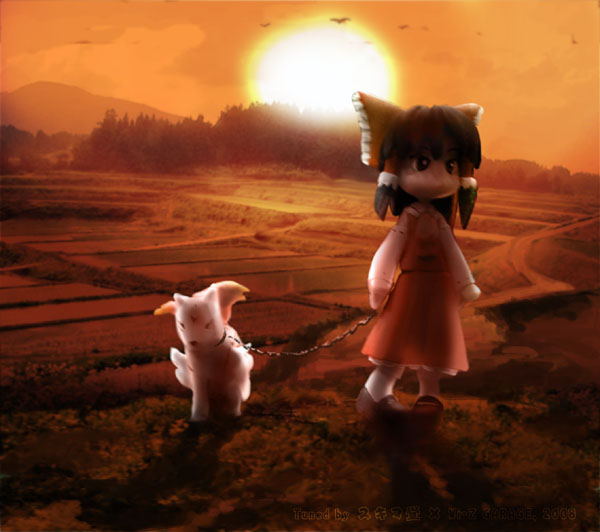 wi-z garage, amaterasu (ookami), hakurei reimu, ookami (game), touhou, 1girl, backlighting, bow, brown eyes, brown hair, dress, evening, female focus, field, forest, full body, grass, hair bow, leash, long sleeves, monster, nature, plant, red bow, red dress, solo, standing, sun, sunset
