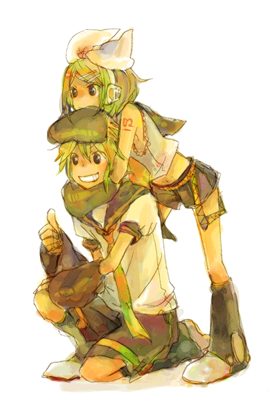 den, kagamine len, kagamine rin, vocaloid, 1boy, 1girl, black eyes, black leg warmers, black sailor collar, blonde hair, bow, bow headband, detached sleeves, grin, hair ornament, hairclip, headphones, hug, hug from behind, leg warmers, neckerchief, necktie, on one knee, ponytail, puffy sleeves, sailor collar, short hair, short ponytail, shorts, sleeveless, smile, thumbs up, yellow neckerchief, yellow necktie