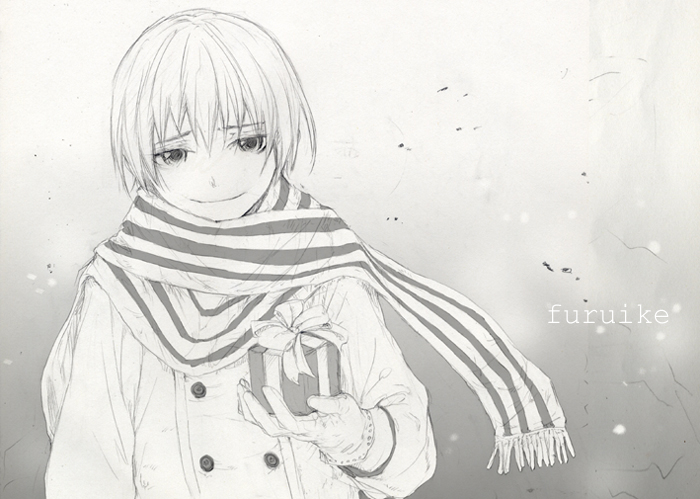 sumiya akihiro, original, bad id, bad pixiv id, tagme, gift, greyscale, monochrome, scarf, solo
