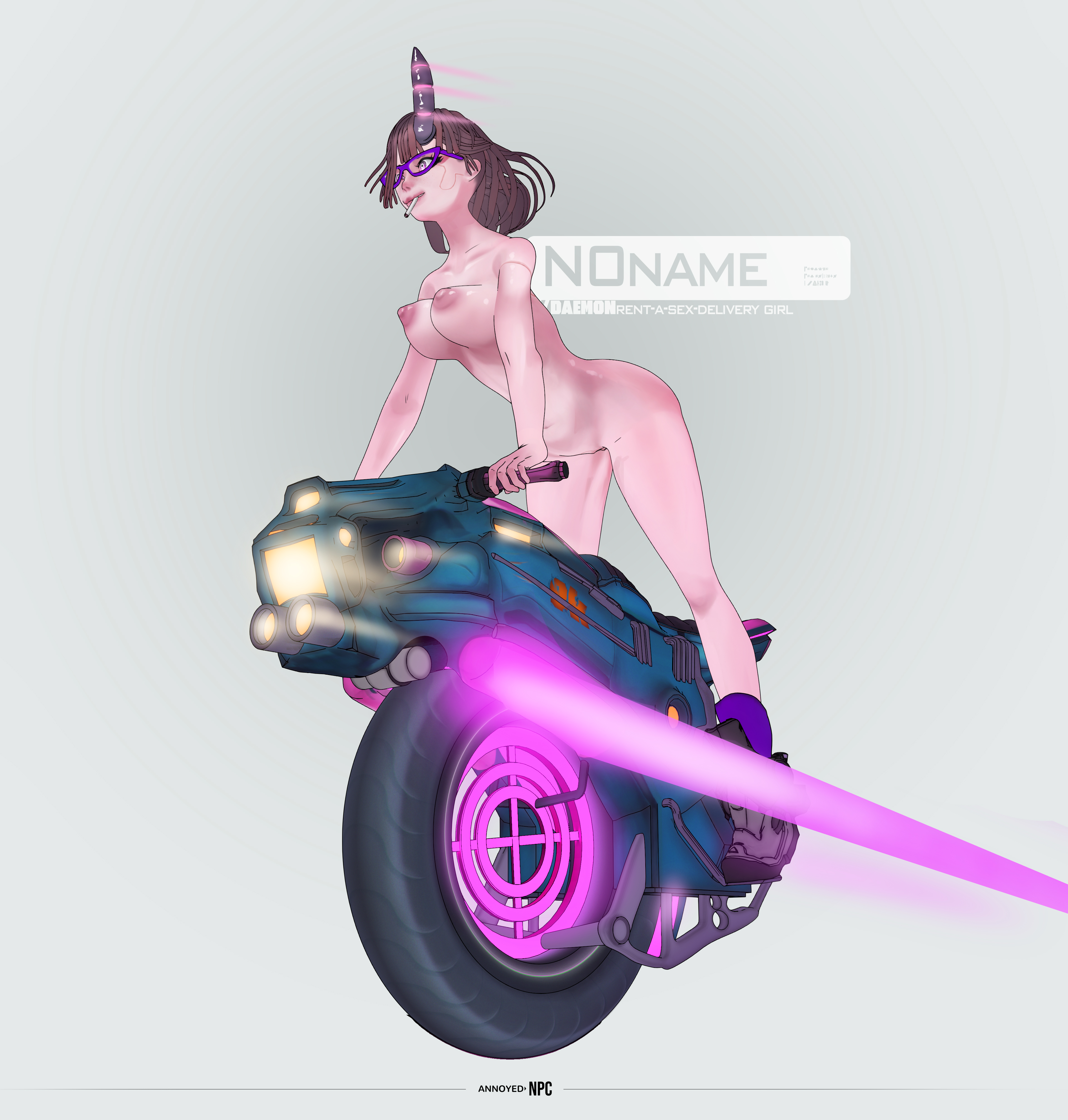 original, absurdres, highres, non-web source, 1girl, artist annoyednpc, body modification, boots, breasts, brown hair, character n0n, cigarette, completely nude, exhibitionism, from below, full body, glasses, hair over one eye, happy, horns, large areolae, large breasts, light smile, long hair, looking afar, motor vehicle, motorcycle, motorized unicycle, neon lights, nude, pale skin, perky breasts, pointy breasts, public indecency, puffy nipples, red eyes, riding, science fiction, simple background, single horn, smile, smoking, solo, unlit cigarette in mouth