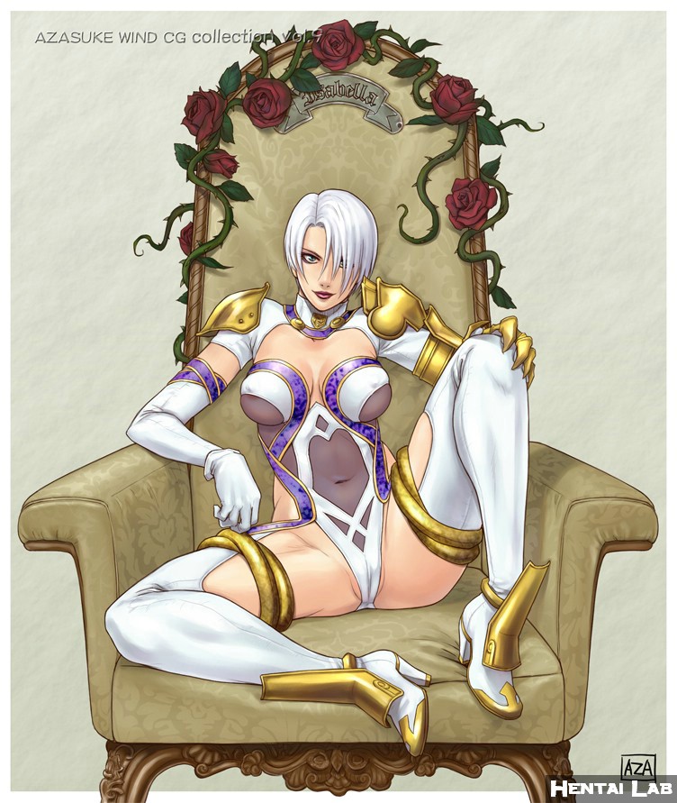 azasuke, isabella valentine, hentai lab, soul calibur, soulcalibur, soulcalibur iii, 1girl, armor, boots, breasts, cameltoe, chair, covered erect nipples, elbow gloves, female focus, flower, gauntlets, gloves, green eyes, hair over one eye, huge breasts, leg lift, legs, leotard, lipstick, looking at viewer, makeup, midriff, navel, plant, rose, see-through clothes, short hair, sitting, solo, spread legs, thigh boots, thighhighs, vines, watermark, white hair