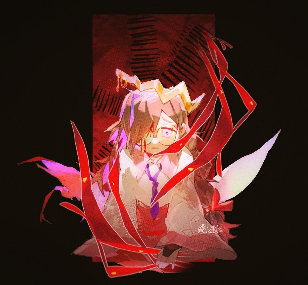 d2k (812404562), ripple star queen, zero two (kirby), kirby (series), kirby 64, nintendo, 1girl, artist name, black background, black hair, bleeding, blood, bow, crown, fairy, fairy wings, glasses, hair bow, long hair, purple eyes, red bow, simple background, wings
